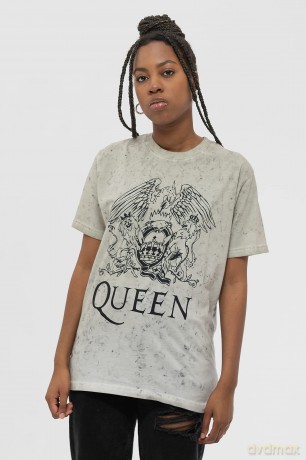 Queen: Unisex T-Shirt: Crest (Dip-Dye On White) (Wash Collection) (Large)