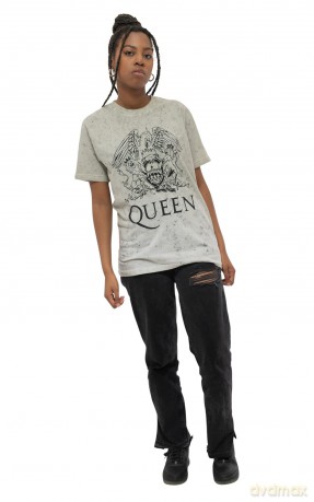 Queen: Unisex T-Shirt: Crest (Dip-Dye On White) (Wash Collection) (Large)