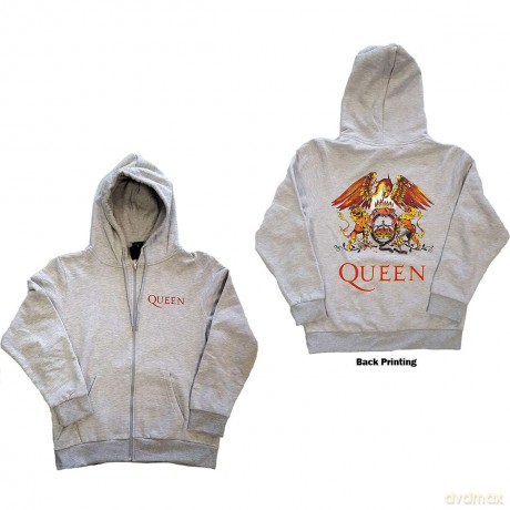 Queen: Unisex Zipped Hoodie: Classic Crest (Ash Grey) (Back Print) (Large)