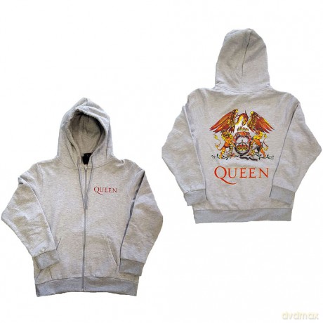 Queen: Unisex Zipped Hoodie: Classic Crest (Ash Grey) (Back Print) (Medium)
