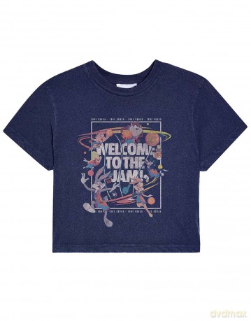 Space Jam: Ladies T-Shirt: SJ2: Welcome To The Jam (Navy Blue) (Cropped) (X-Large)