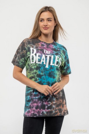 The Beatles: Unisex T-Shirt: Drop T Logo (Dip-Dye On Grey) (Wash Collection) (Large)