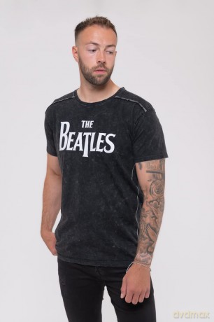 The Beatles: Unisex T-Shirt: Drop T Logo Snow Wash (Black) (Wash Collection) (Small)
