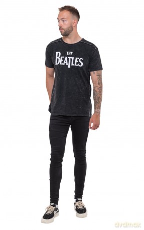 The Beatles: Unisex T-Shirt: Drop T Logo Snow Wash (Black) (Wash Collection) (Small)