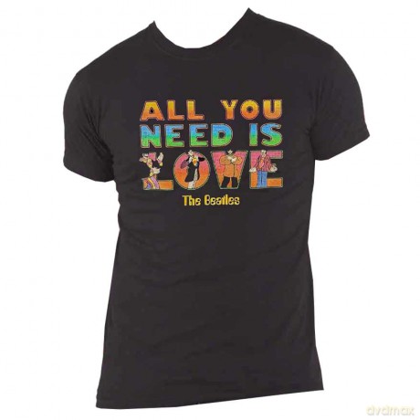 The Beatles: Unisex T-Shirt: Yellow Submarine All You Need Is Love Stacked (Black) (Small)