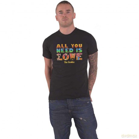 The Beatles: Unisex T-Shirt: Yellow Submarine All You Need Is Love Stacked (Black) (X-Large)