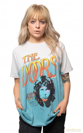 Doors - The: The Doors Unisex T-Shirt: Light My Fire Stacked (Light Blue) (Wash Collection) (Small)