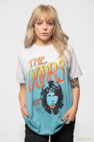 Doors - The: The Doors Unisex T-Shirt: Light My Fire Stacked (Light Blue) (Wash Collection) (X-Large)