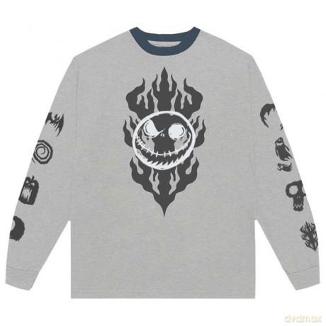 Nightmare Before Christmas - The: The Nightmare Before Christmas Unisex Long Sleeve T-Shirt: Flaming Jack (Grey) (Embellished) (Medium)
