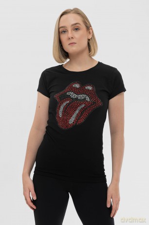Rolling Stones - The: The Rolling Stones Ladies Fashion Tee: Classic Tongue with Rhinestone Application (Large)