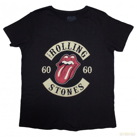 Rolling Stones - The: The Rolling Stones Ladies T-Shirt: Sixty Biker Tongue (Black) (Suede Flock Print) (Small)