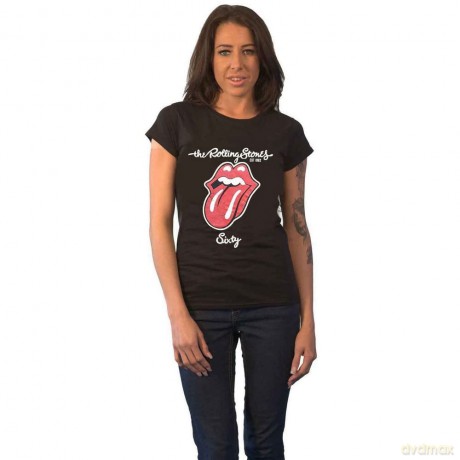 Rolling Stones - The: The Rolling Stones Ladies T-Shirt: Sixty Plastered Tongue (Black) (Suede Flock Print) (Medium)
