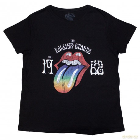 Rolling Stones - The: The Rolling Stones Ladies T-Shirt: Sixty Rainbow Tongue '62 (Black) (Puff Print) (Medium)