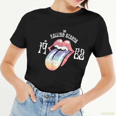 Rolling Stones - The: The Rolling Stones Ladies T-Shirt: Sixty Rainbow Tongue '62 (Black) (Puff Print) (XXXX-Large)