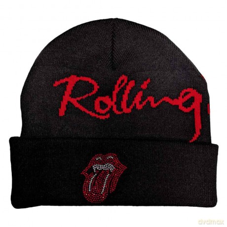 Rolling Stones - The: The Rolling Stones Unisex Beanie Hat: Embellished Classic Tongue (Black) (Back Print)