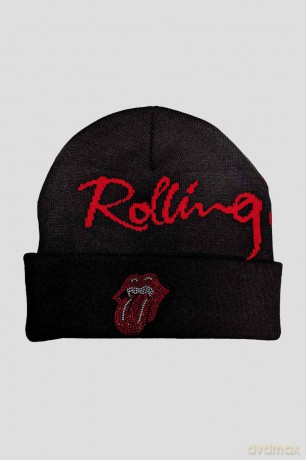 Rolling Stones - The: The Rolling Stones Unisex Beanie Hat: Embellished Classic Tongue (Black) (Back Print)