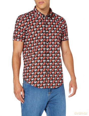 Rolling Stones - The: The Rolling Stones Unisex Casual Shirt: Tongue and Text (Black) (All Over Print) (X-Large)