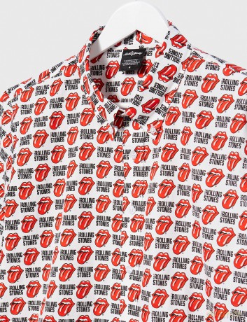 Rolling Stones - The: The Rolling Stones Unisex Casual Shirt: Tongue and Text (White) (All Over Print) (Large)