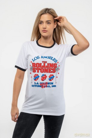 Rolling Stones - The: The Rolling Stones Unisex Ringer T-Shirt: American LA Tour (White) (Small)