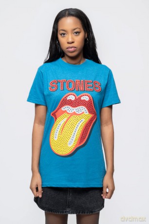 Rolling Stones - The: The Rolling Stones Unisex T-Shirt: Dia Tongue (Teal Blue) (Embellished) (Large)