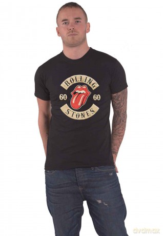Rolling Stones - The: The Rolling Stones Unisex T-Shirt: Sixty Biker Tongue (Black) (Suede Flock Print) (Large)