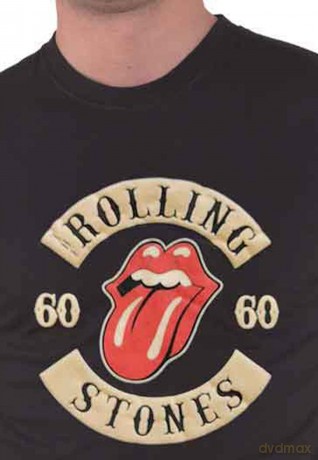 Rolling Stones - The: The Rolling Stones Unisex T-Shirt: Sixty Biker Tongue (Black) (Suede Flock Print) (Medium)