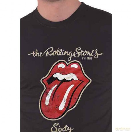 Rolling Stones - The: The Rolling Stones Unisex T-Shirt: Sixty Plastered Tongue (Black) (Suede Flock Print) (XX-Large)