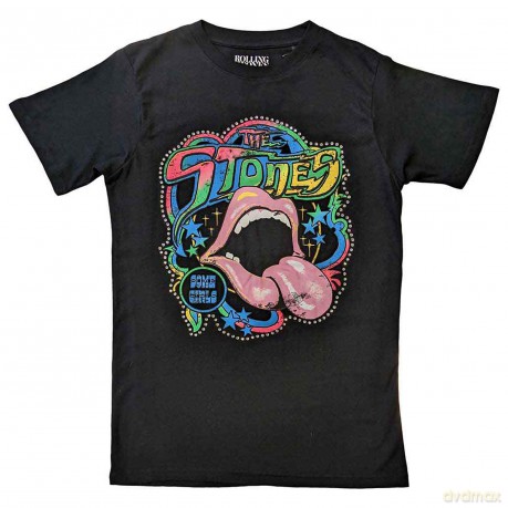 Rolling Stones - The: The Rolling Stones Unisex T-Shirt: Some Girls Neon Tongue (Faded Black) (Embellished) (Medium)