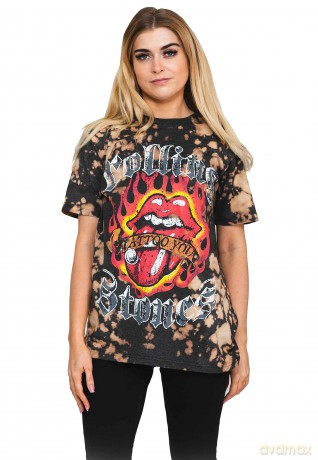 Rolling Stones - The: The Rolling Stones Unisex T-Shirt: Tattoo Flames (Dip-Dye On Grey) (Wash Collection) (Small)