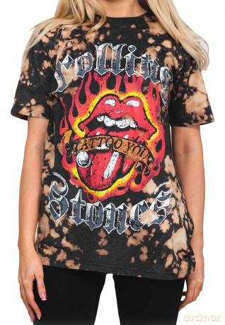 Rolling Stones - The: The Rolling Stones Unisex T-Shirt: Tattoo Flames (Dip-Dye On Grey) (Wash Collection) (Small)