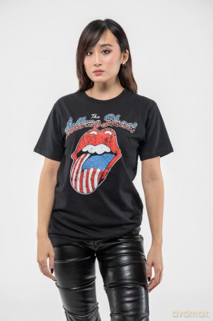 Rolling Stones - The: The Rolling Stones Unisex T-Shirt: USA Tongue (Black) (Embellished) (Small)