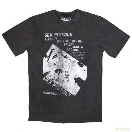Sex Pistols - The: The Sex Pistols Unisex Stone Wash T-Shirt: Manchester Flyer (Charcoal Grey) (Large)