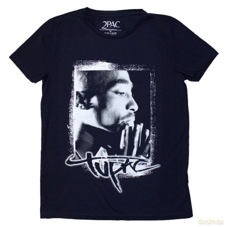 Tupac: Ladies T-Shirt: Spray Photo (Navy Blue) (Medium)