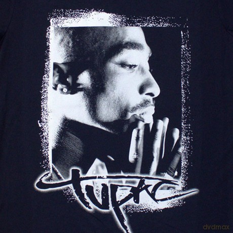 Tupac: Ladies T-Shirt: Spray Photo (Navy Blue) (Medium)