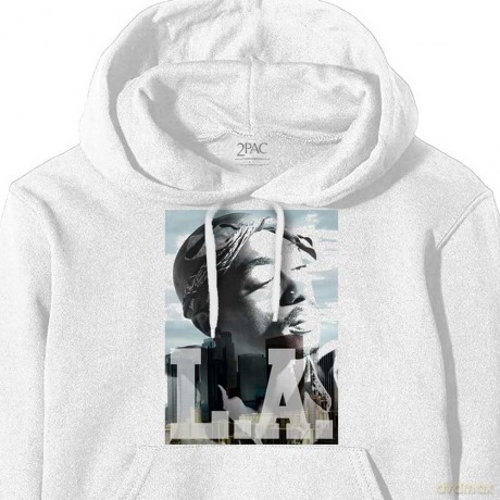 Tupac: Unisex Pullover Hoodie: LA Skyline (White) (Medium)