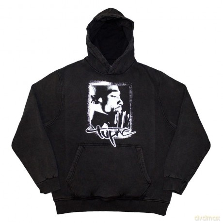 Tupac: Unisex Stone Wash Pullover Hoodie: Spray Photo (Charcoal Grey) (X-Large)