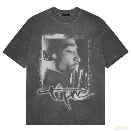 Tupac: Unisex Stone Wash T-Shirt: Spray Photo (Charcoal Grey) (Small)