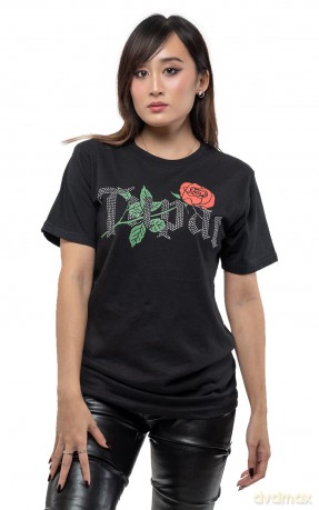 Tupac: Unisex T-Shirt: Rose Logo (Black) (Embellished) (Large)