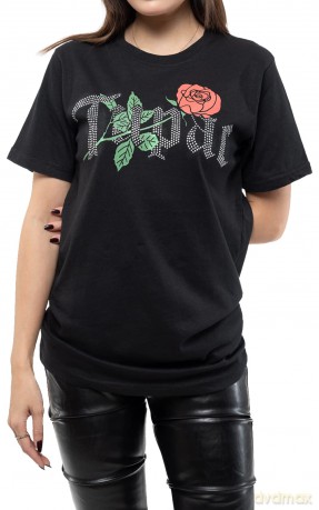 Tupac: Unisex T-Shirt: Rose Logo (Black) (Embellished) (Large)
