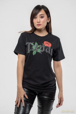 Tupac: Unisex T-Shirt: Rose Logo (Black) (Embellished) (Medium)