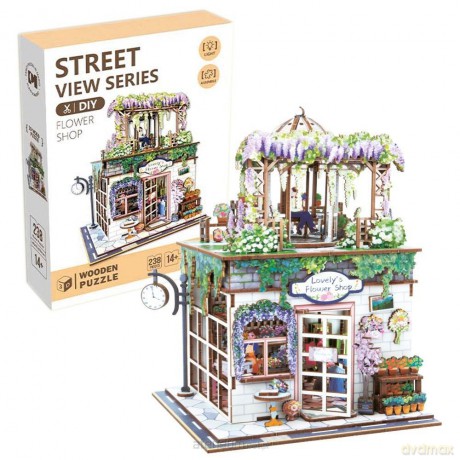 Uliczny zakątek drewniane puzzle 3D kwiaciarnia [PUZZLE]