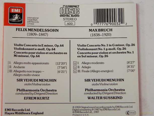 Yehudi Menuhin & Philharmonia Orchestra & Efrem Kurtz & Walter Susskind: Mendelssohn: Violin Concerto in E Minor, Op.64 ; Bruch: Violin Concerto No.1 in G minor, Op.26 [CD]
