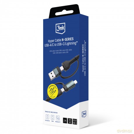 3mk Hyper Cable N-SERIES 2 in 2 A/C to C/Lightning 1.2m QC 3.0 9V/2A 60W Black
