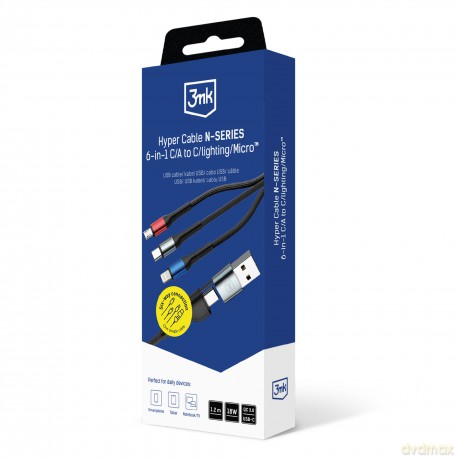 3mk Hyper Cable N-SERIES 6 in 1 C/A to C/Lightning/Micro 1.2m QC 3.0 9V/2A 18W Black