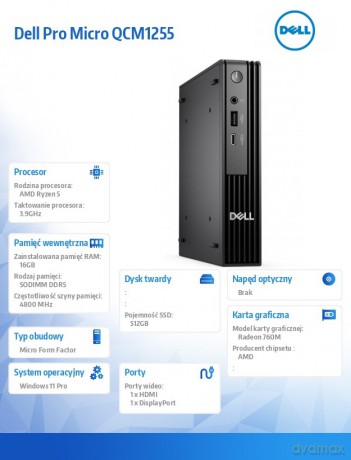 Komputer Dell Pro Micro QCM1255 W11Pro Ryzen 5 Pro 8600GE/1x16GB/512GB/Integrated/WLAN + BT/Kb/65W/TPM/3YPS