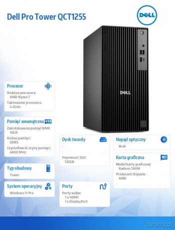 Komputer Dell Pro Tower QCT1255 W11Pro Ryzen 7 Pro 8700G/1x16GB/512GB/Integrated/Kb/TPM/3YPS