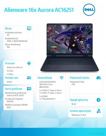 Laptop Alienware 16x Aurora AC16251 Win11Pro C9 275HX/64GB/2TB/16.0 WQXGA/GeForce RTX 5070/WLAN + BT/RGB Backlit Kb/6 Cell/280W