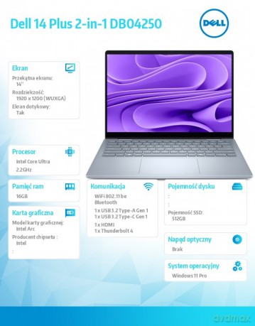 Laptop Dell 14 Plus 2-in-1 DB04250 Win11Pro Ultra 7 256V/16GB/512GB SSD/14.0 FHD+ Touch/Arc/WLAN + BT/Backlit Kb/4 Cell/3Y ProSupport