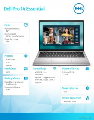 Laptop Dell Pro 14 Essential PV14250 W11P C5-220U|16GB|512GB|Intel Graphics|FgrPr|WLAN+BT|14.0 2K|BcklKb|4C|65W|3YPS Platinum Silver (Plastic)
