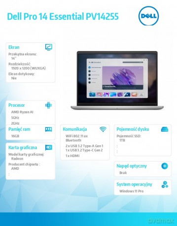 Laptop Dell Pro 14 Essential PV14255 W11P Ryzen AI 7 350|16GB|1TB|AMD Radeon|FgrPr|WLAN+BT|14.0 FHD+|BcklKb|4C|65W|3YPS Platinum Silver Metal